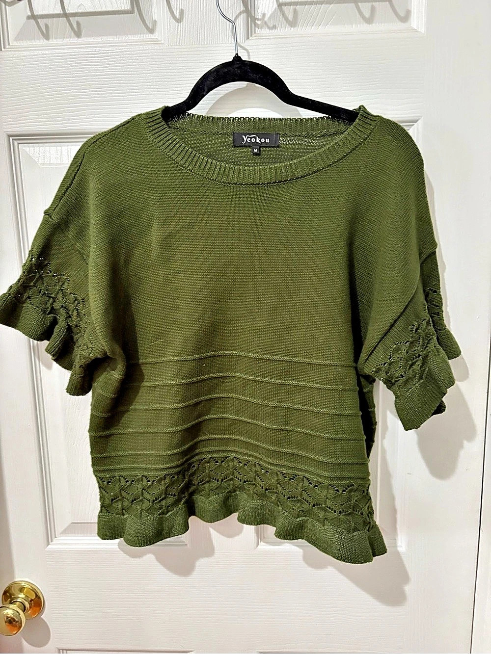 Yeokou Women's Short Sleeve Ruffle Hem Knit Crochet Pullover Short Sleeve Ruffle